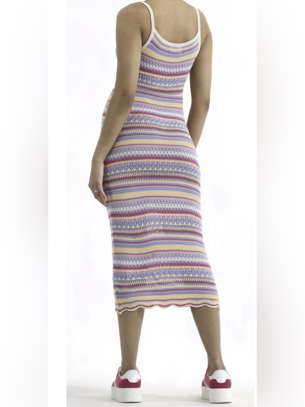 No Boundaries Pastel Striped Open Knit Maxi Dress Scalloped Hem Large - Picture 3 of 12